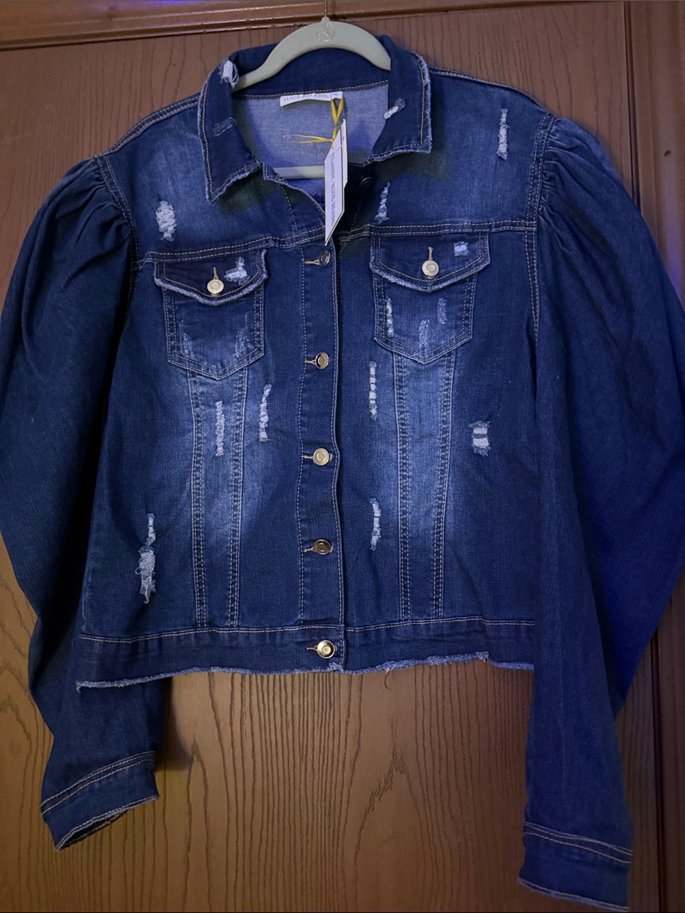 Women's Distressed Indigo Denim Jacket with Puff Shoulders